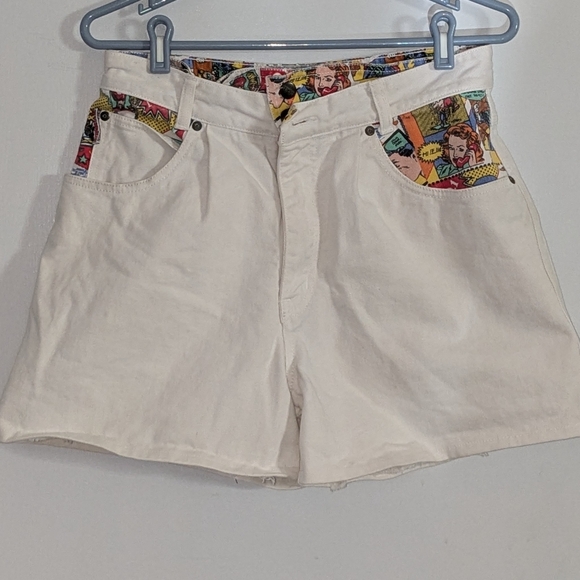 get used by elie Pants - Vintage Denim Shorts with Comic Print Accents
